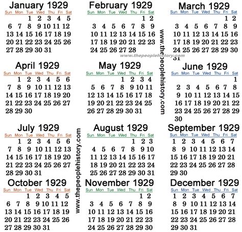 Calendar Of 1929